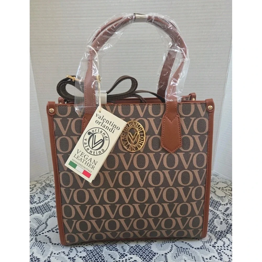 Valentino Orlandi Brown VO Monogram Vegan Satchel Top Handle Zip Strap Italy NWT